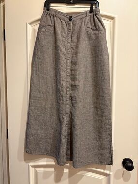 Flax Gray Linen-Blend Midi Skirt with Button Front